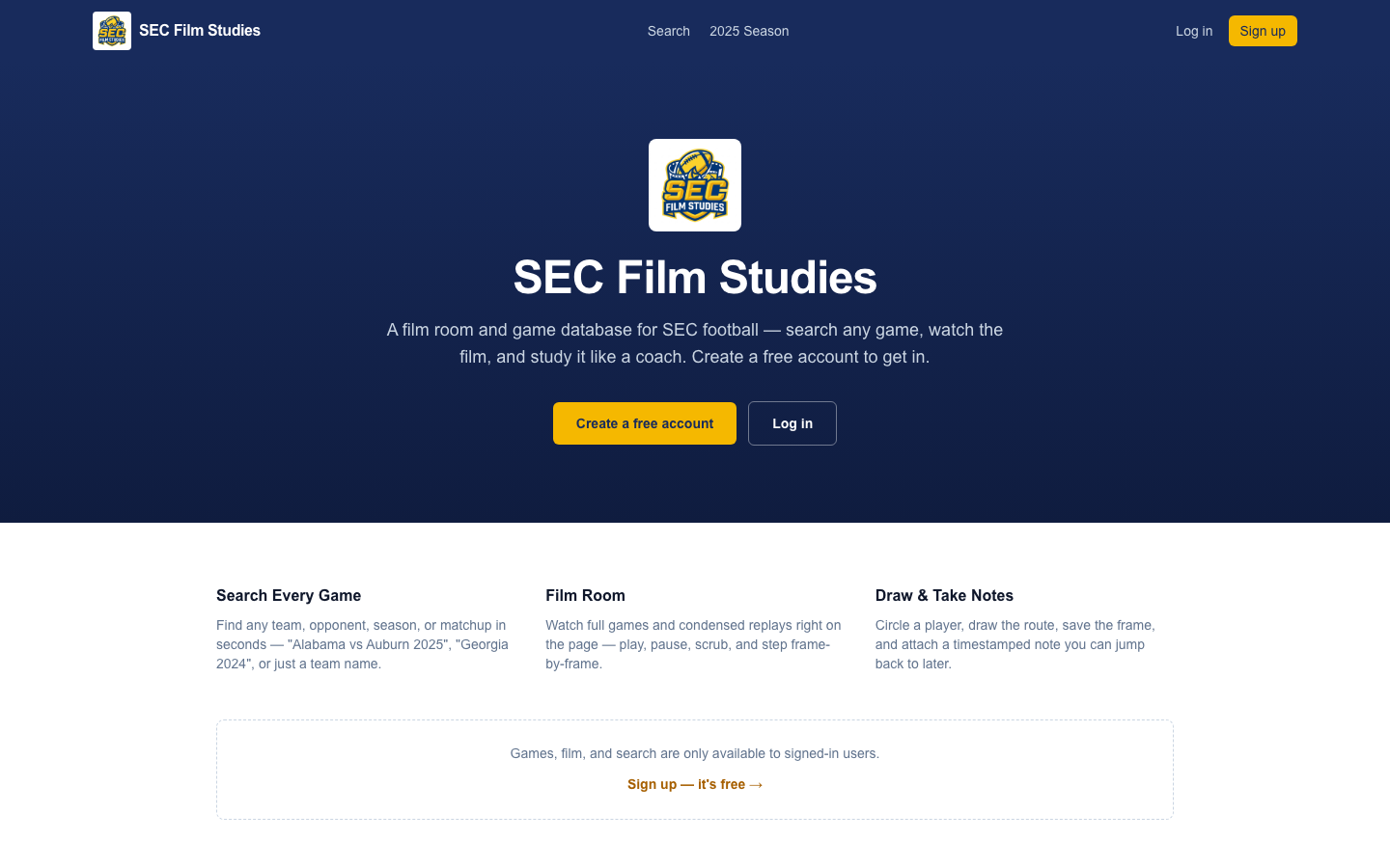 SEC Film Studies homepage with search, film room and note-taking features